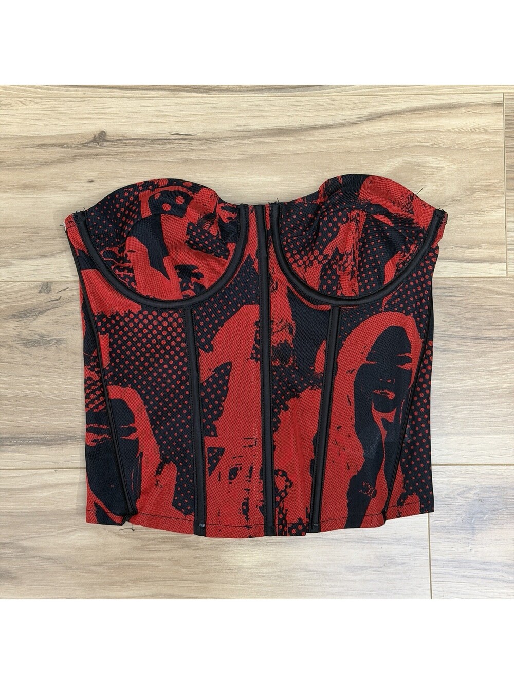Edikted Red Black Pop Art Mesh Goth Corset Top Boned Bustier Sz S